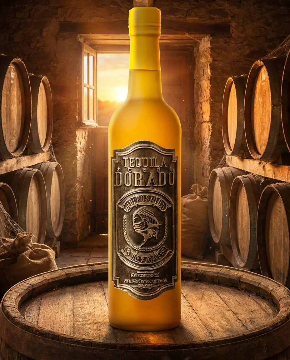 Dorado Reposado — frosted yellow bottle resting among oak barrels