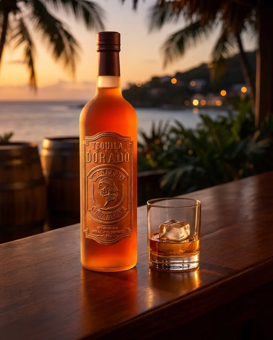 Dorado Añejo at sunset with a glass over ice