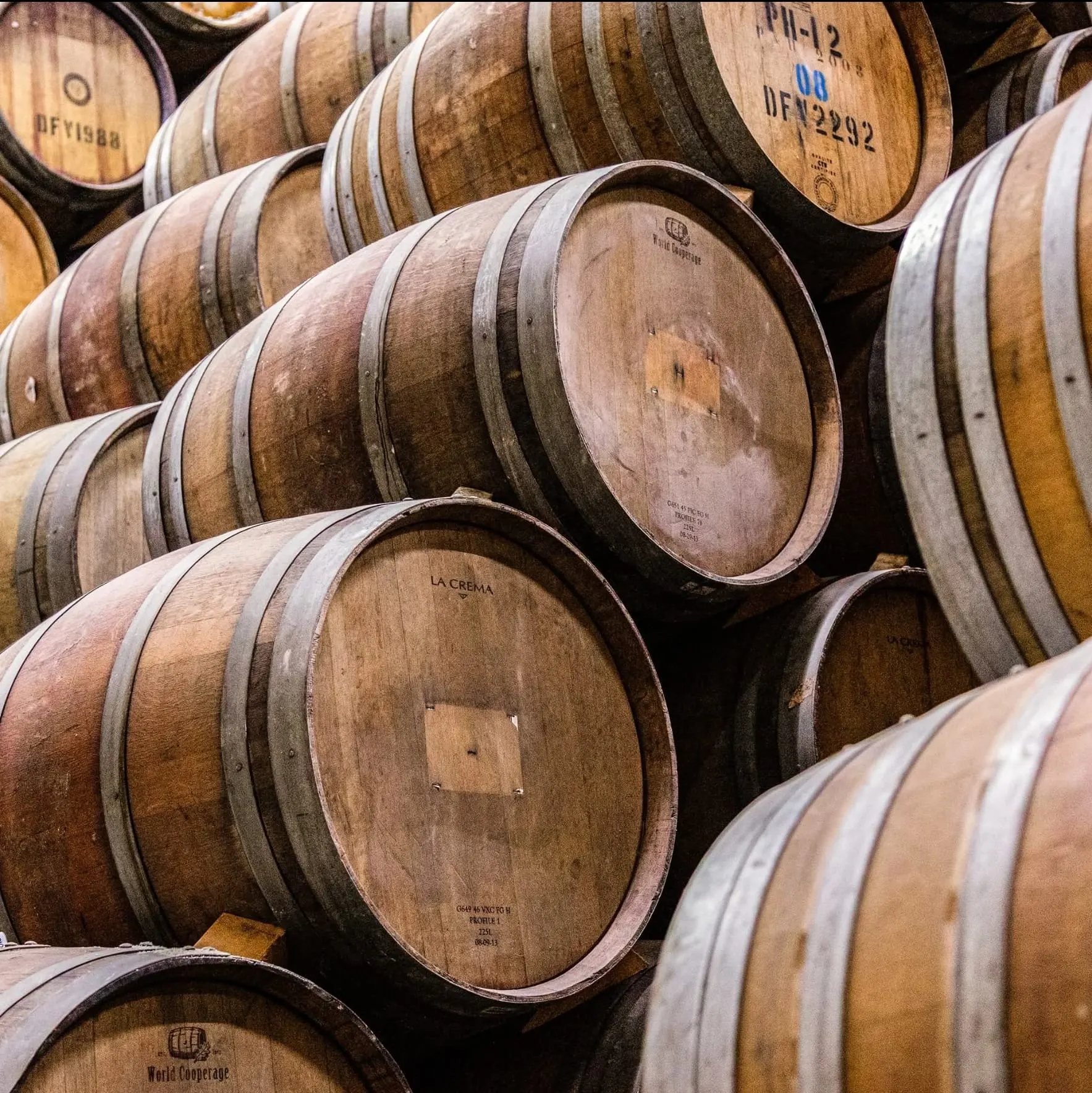 White oak barrels resting in the barrel room