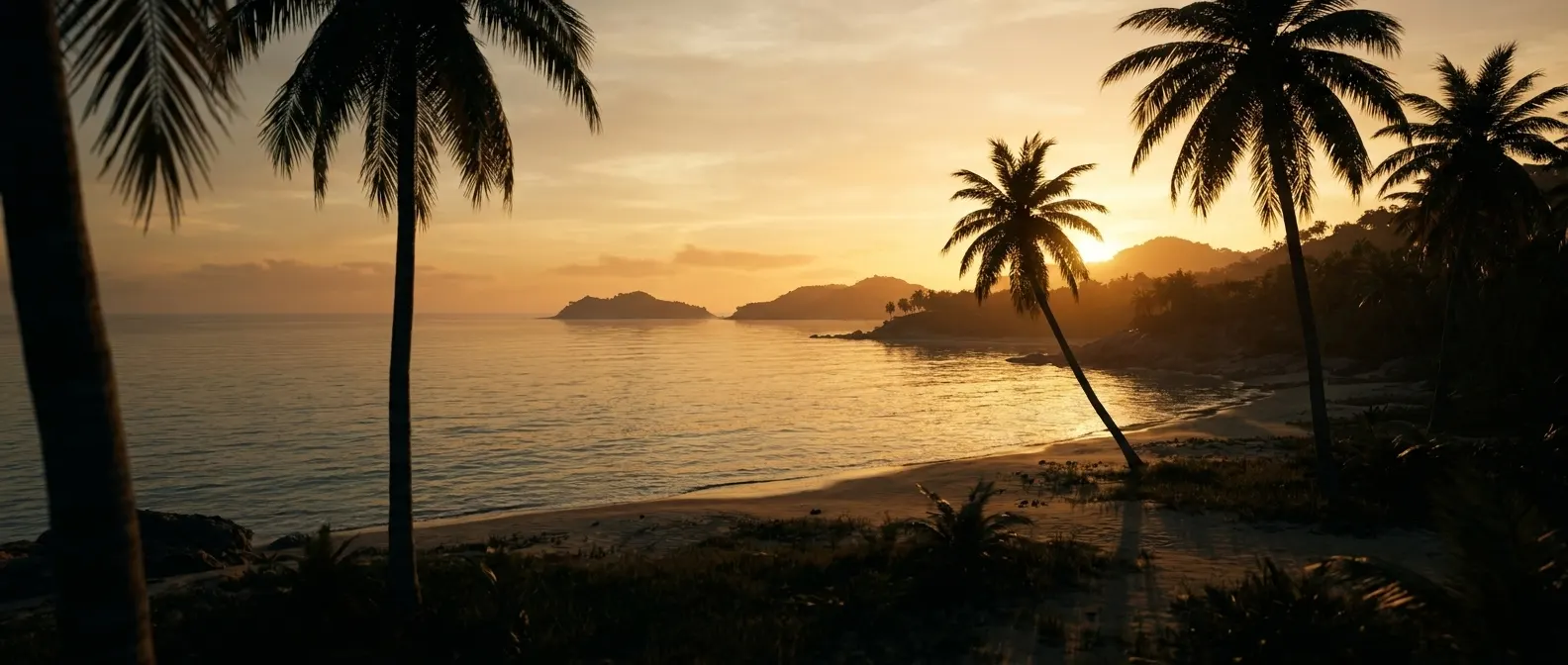 Sunset over a palm-lined St. Thomas shoreline