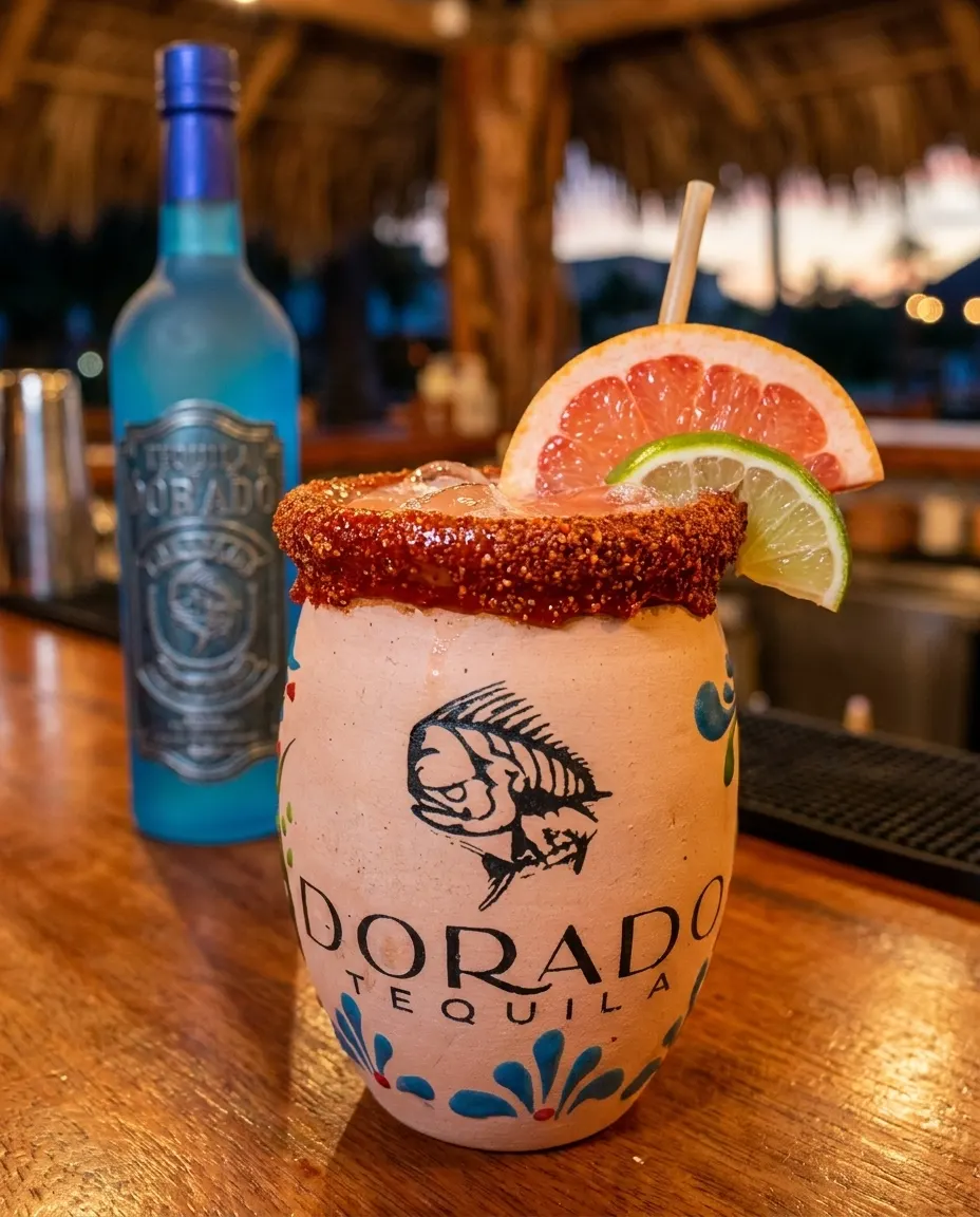 A hand-painted Dorado clay Cantarito with a spiced rim